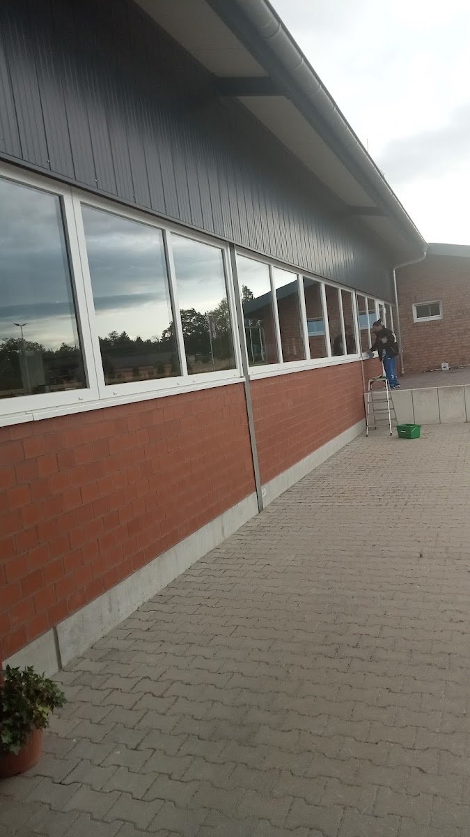 Lange Fensterfront einer Halle, hinten ein Mitarbeiter mit Leiter bei der Fensterreinigung